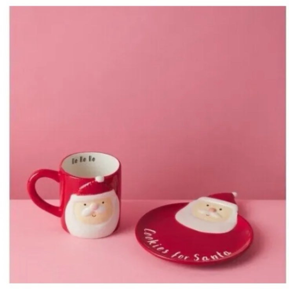 Magenta two Piece Ceramic Santa Mug & Cookie Plate Set